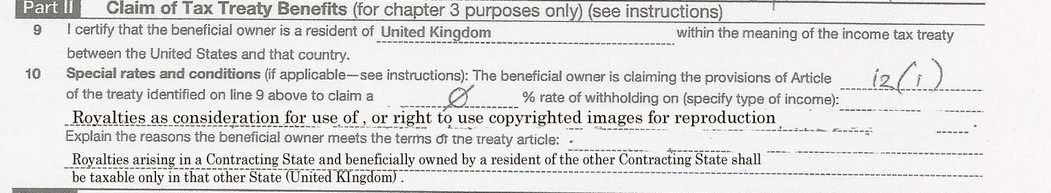 W-8ben form ref 9 and 10 tax withholding USA